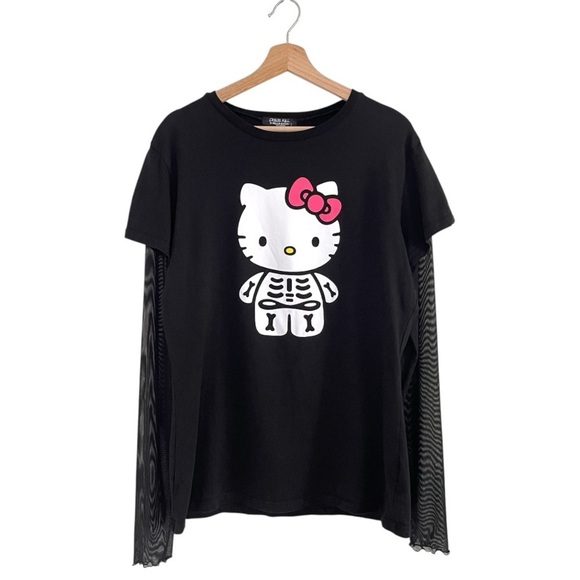 Dolls Kill x Hello Kitty Skeleton Graphic T-Shirt Long Mesh Nylon Sleeve Large - Picture 1 of 12